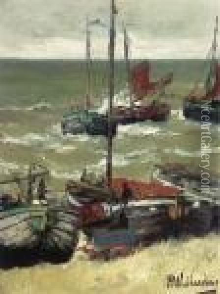 Terugkerende Vissersschepen: Bomschuiten By The Coast Oil Painting - Hendrik Willem Mesdag