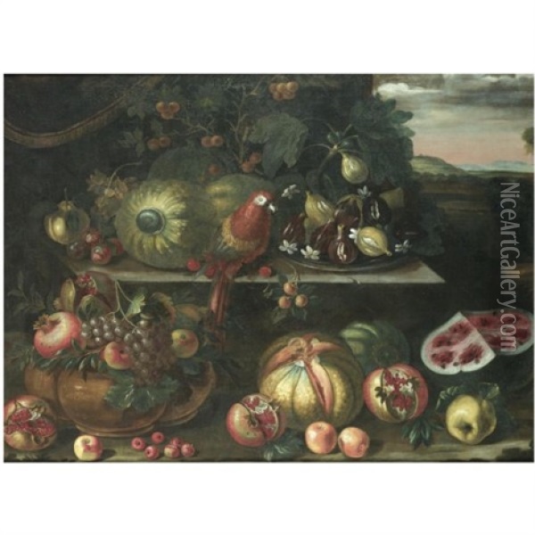 A Still Life With Watermelons, Figs, A Parrot And Grapes On A Stone Ledge, Together With Pomegrantes, Pumpkins And Apples, A Landscape Beyond Oil Painting - Bartolommeo Bimbi