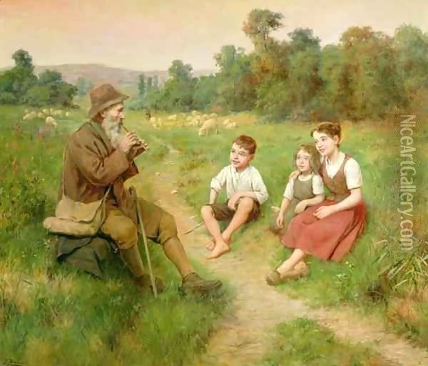 Children Listen to a Shepherd Playing a Flute Oil Painting - J. Alsina