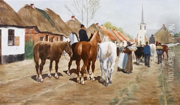 Horses In A Village Oil Painting - Frans Van Leemputten