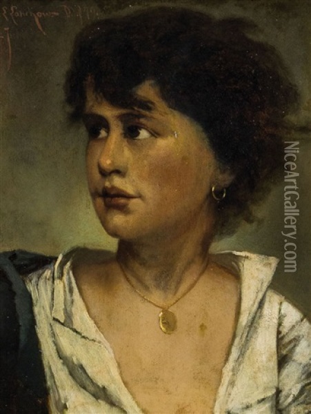 Portrat Einer Dunkelhaarigen Frau Mit Ohrring Und Halskette Oil Painting - Ludwig Lanckow