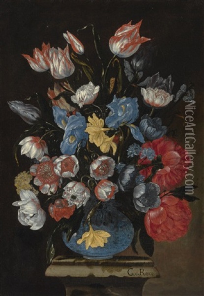 Still Life Of Anemones, Tulips, Dahlias And Other Flowers In A Glass Vase Oil Painting - Giuseppe Recco