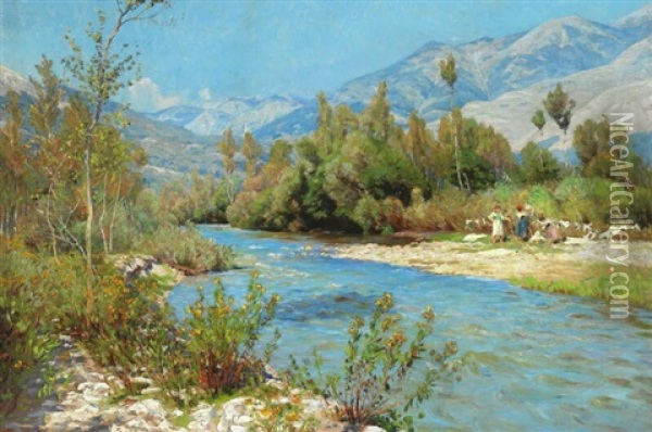 The River Liri With Washerwomen Oil Painting - Viggo Pedersen