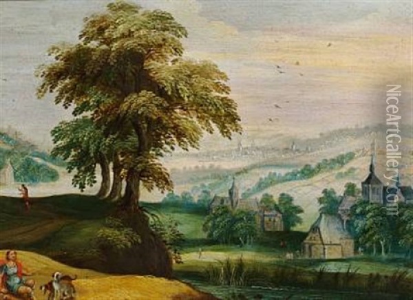 Hilly Landscape With Numerous Church Towers Oil Painting - Joos de Momper the Younger