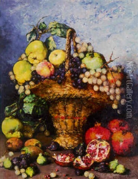 Grapes And Apples In A Basket With Pomegranates, Figs And  Nuts On A Ledge Oil Painting - Ramon Laporta Astort