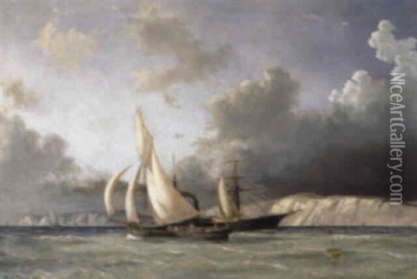 Marine Med Sejlskibe Udfor Klippekyst Oil Painting - Carl Julius Emil Olsen