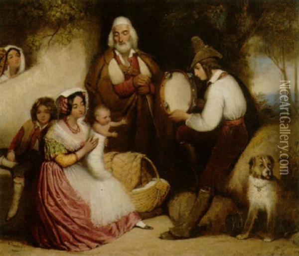 Familie Mit Einem Musikanten Und Hund Oil Painting - Richard Buckner