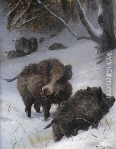 Wildschweinrudel In Winterlicher Waldlandschaft Oil Painting - Carl Friedrich Deiker