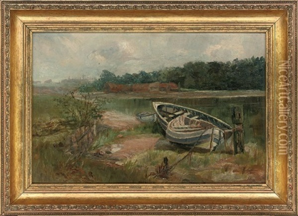 Tethered Boats Beside The River, Whitby (+ 2 Others, Irgr; 3 Works) Oil Painting - Robert Lewis Sutherland