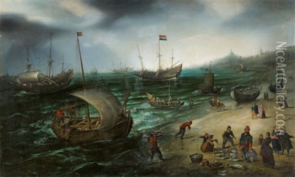 Segelschiffe Am Strand Von Scheveningen Oil Painting - Hendrik Cornelisz Vroom