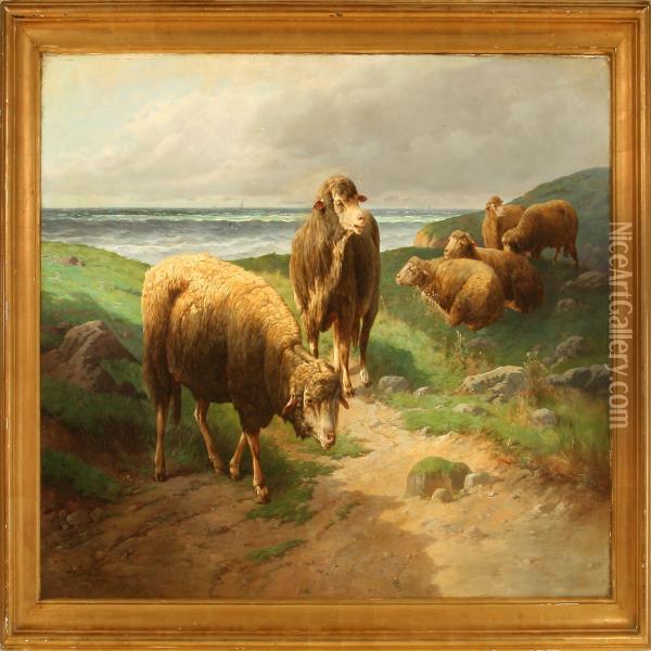 Grazing Sheep On A Beach Oil Painting - Jules G. Bahieu