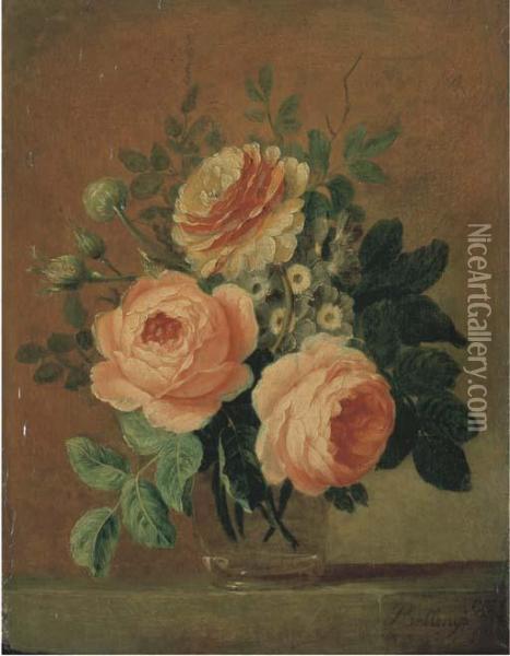 Bouquet De Roses Dans Un Vase En Verre Oil Painting - Bruno Michel Bellenge