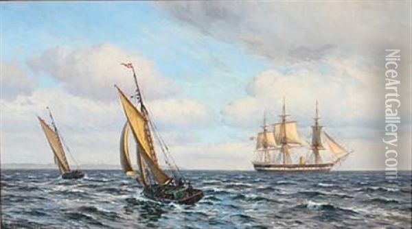 Seascape With The Frigate Jylland And Sailing Ships In The Great Sound Oil Painting - Vilhelm Karl Ferdinand Arnesen