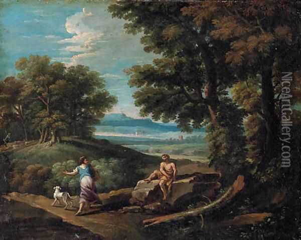A wooded landscape with a peasant passing a resting shepherd Oil Painting - Andrea Locatelli