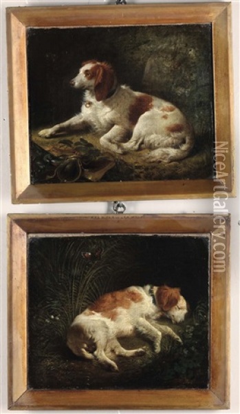 Sleeping Dog; Sitting Dog Oil Painting - George Morland