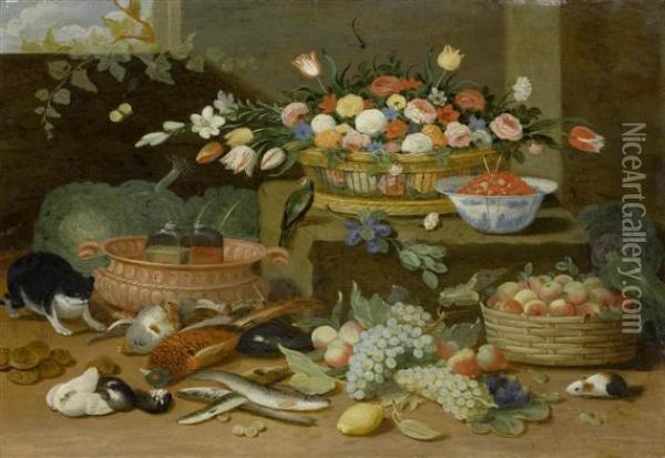 Still Life With Basket Of Flowers, 
Fruits, 
Fish, 
Wild Birds And Other Small Living Creatures Oil Painting - Jan van Kessel