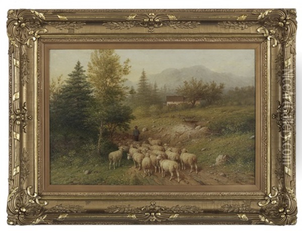 The Shepherd And His Flock Of Sheep Oil Painting - George Riecke