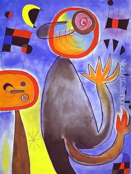 Ladders Cross the Blue Sky in a Wheel of Fire Oil Painting - Joaquin Miro
