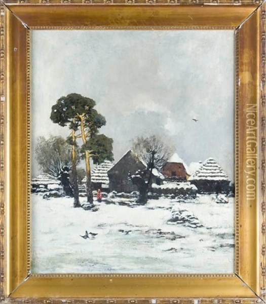 Pejzaz Zimowy Z Chatami Oil Painting - Ludwik Stasiak