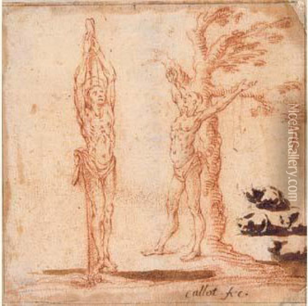 Etude Pour Le Martyre De Saint Sebastien Et Saint Bartholome;
 Croquis De Chats Oil Painting - Jacques Callot