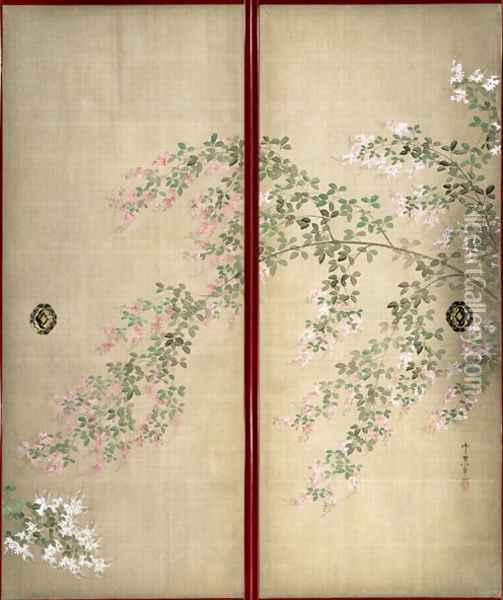 Moon with Hagi one of a pair of sliding doors 2 Oil Painting - Suzuki Kiitsu