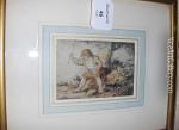 Boy And Dog, Watercolour Oil Painting - Thomas Rowlandson