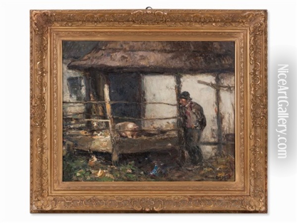 Farmer In Barn Oil Painting - Hans Looschen
