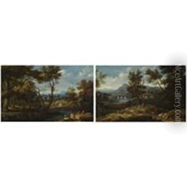 A Wooded River Landscape With Figures And Their Dogs (+ A Wooded River Landscape With Shepherds And Their Flock Resting; Pair) Oil Painting - Jan Baptiste Huysmans