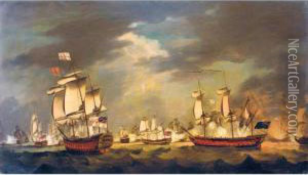 A Naval Engagement, Probably The
 Moonlight Battle: The Battle Of Cape St Vincent, 16th January 1780 Oil Painting - Francis Holman