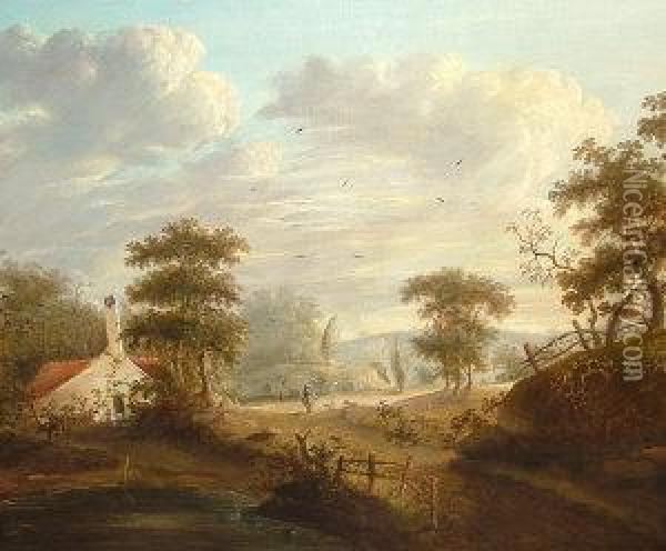Traveller At A Cross Roads With Woodland And A Cottage Oil Painting - William Traies