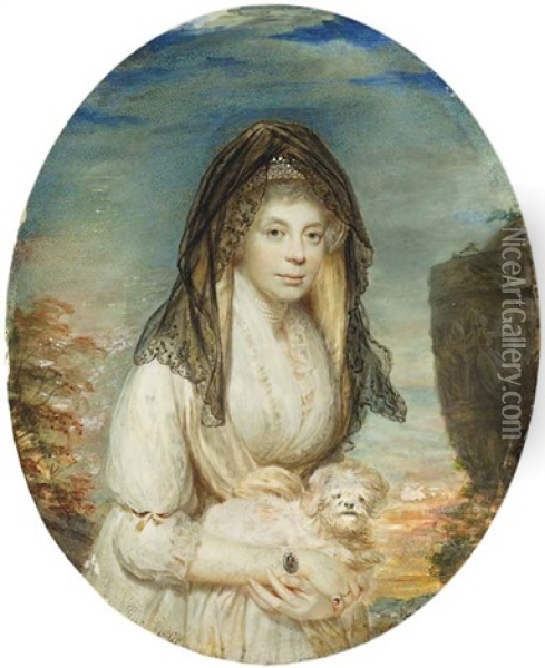 Queen Charlotte (1744-1818), Holding A Maltese Lap-dog, In Lace-bordered White Dress, Wearing A Diamond-set Portrait Miniature Of King George Iii On A Pearl Bracelet, Five-strand Pearl Choker Oil Painting - William Grimaldi