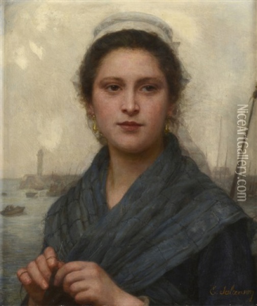 Portrait D'une Femme Devant Un Port Oil Painting - Eugenie Alexandrine Marie Salanson
