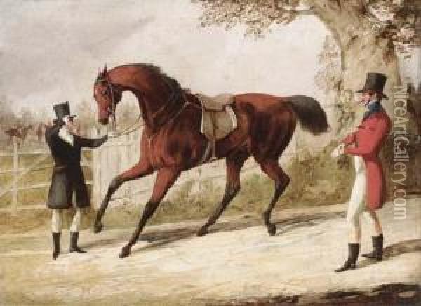 A Huntsman And His Groom With A Saddled Bay Hunter, The Meetbeyond Oil Painting - Henry Thomas Alken