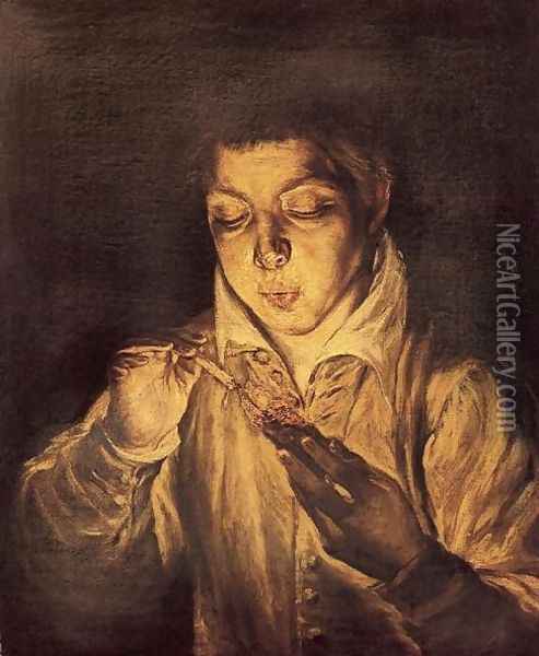 A Boy Blowing on an Ember to Light a Candle (Soplón) 1570-72 Oil Painting - El Greco (Domenikos Theotokopoulos)