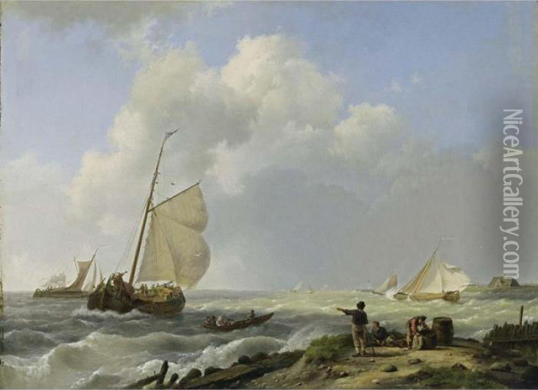 Sailing Vessels In Choppy Waters Oil Painting - Hermanus Koekkoek
