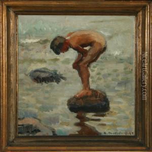 A Naked Boy On A Stone Oil Painting - Axel Bredsdorff