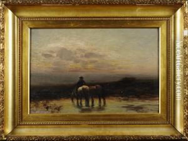 Skymningslandskap Med Ridande Man Oil Painting - William Bradley Lamond