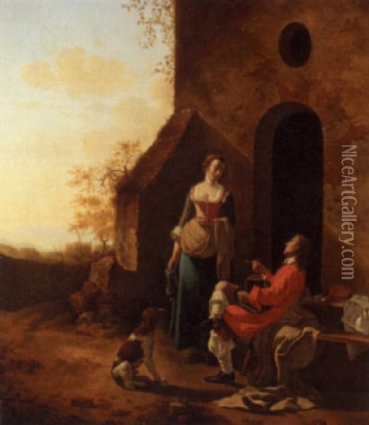 Figures With A Dog Outside A House Oil Painting - Adolphe-Julien Deligne
