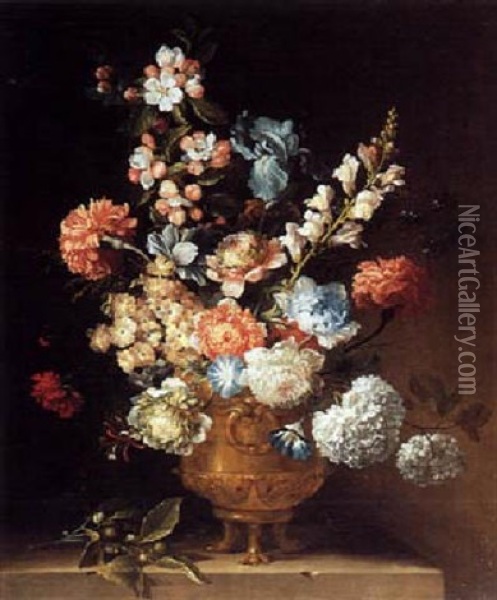 Still Life With Flowers In A Copper Vase On A Stone Ledge Oil Painting - Jean-Baptiste Belin de Fontenay the Elder