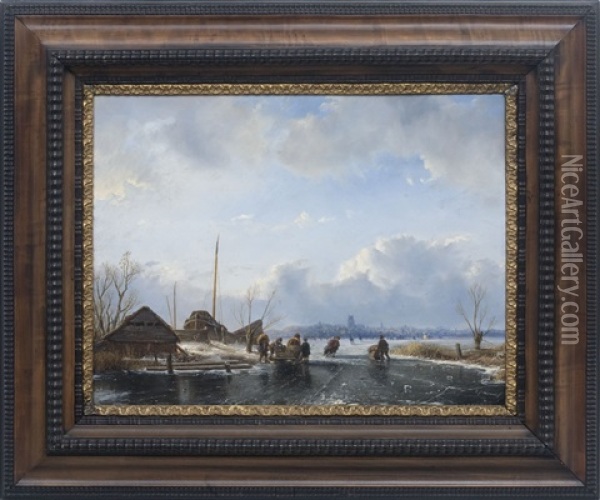 Skaters On A Canal With Town In The Distance Oil Painting - Everardus Benedictus Gregorius Pagano Mirani