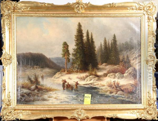 Lars Gustav : Vinterlandskap Med Figurer Pa Is, Signerad G. Kinmanssson 1860 Oil Painting - Gustaf Kinmansson