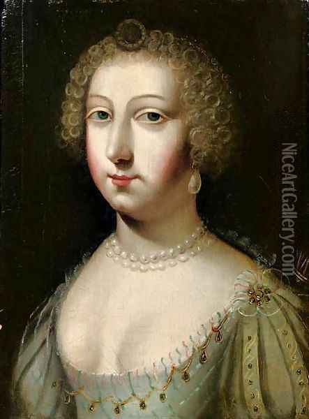 Portrait of a lady, bust-length, in a white dress, a string of pearls around her neck Oil Painting - French School