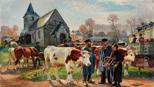 A Village Market Square With Farmers And Cattle Oil Painting - Raymond (Louis) le Court