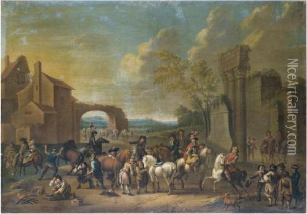 Cavaliers Preparing For An Excursion In An Italianate Landscape Oil Painting - Thomas Wyck