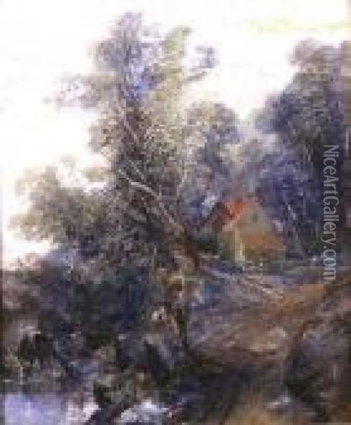 Figures Before A Cottage In A Wooded Landscape Oil Painting - Thomas Creswick