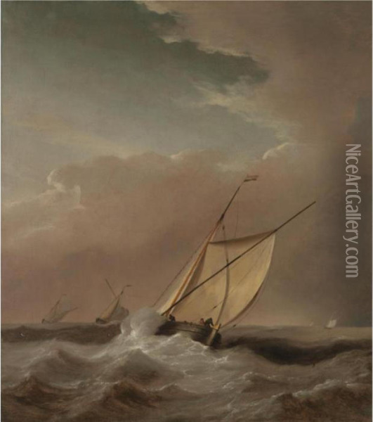 A Seascape With Ships In A Rough Sea Oil Painting - Willem van de, the Elder Velde