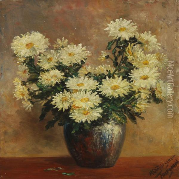 Still Life With White Flowers In A Vase Oil Painting - M. Chr. Jorgensen