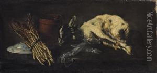 A Bunch Of Asparagus, A Porcelain Bowl, A Copper Urn, Squid And A Kid Goat On A Table Oil Painting - Giuseppe Recco