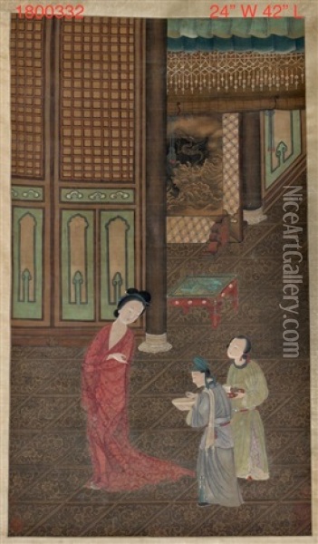 Chinese Scroll Painting On Silk - Niu Yin Oil Painting -  Qiu Ying