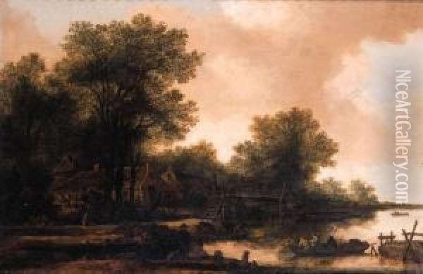 A Hamlet In A Wood By A River With Fishermen In A Rowing Boat By Afootbridge Oil Painting - Pieter De Molijn